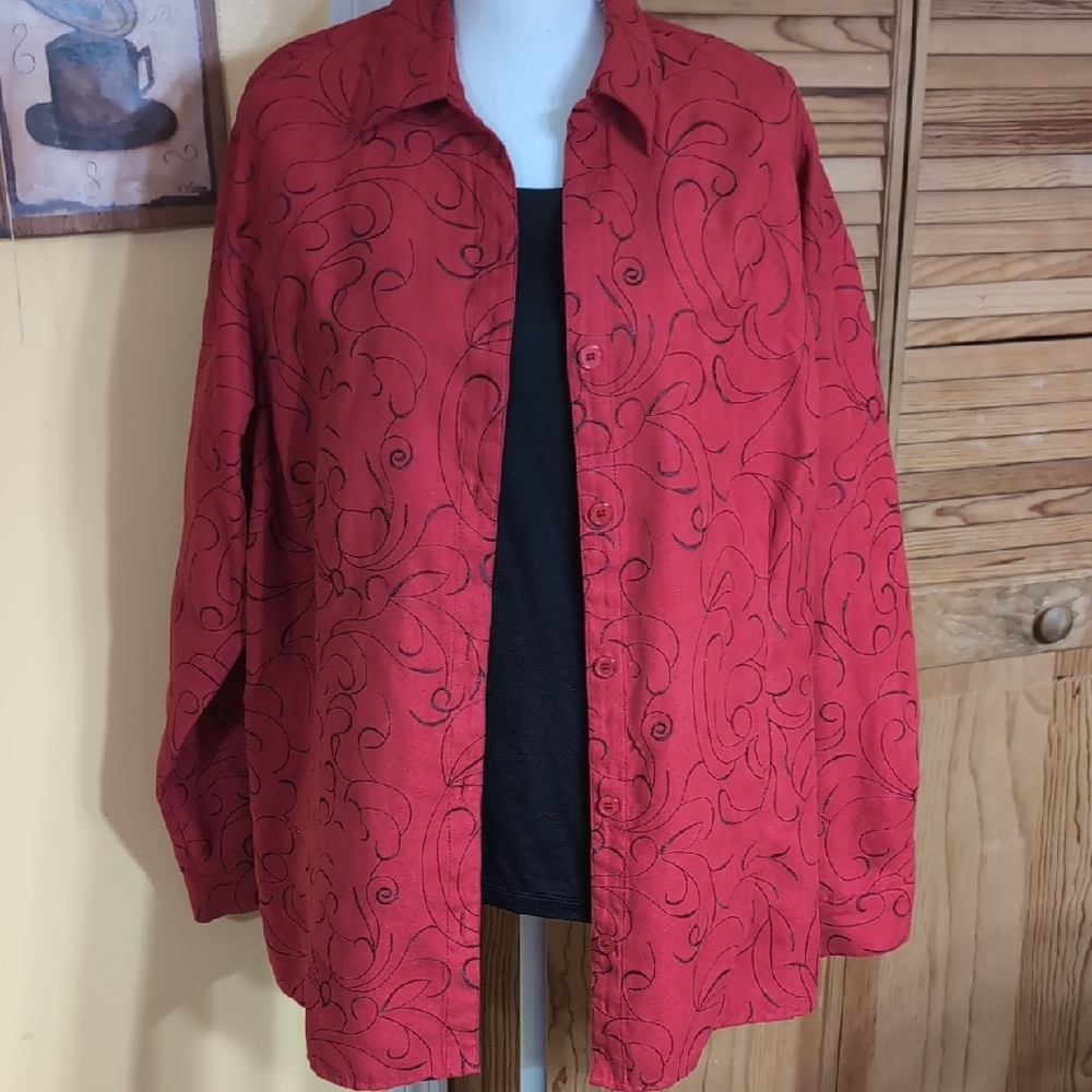 Sag Harbor Woman Soft Suede Red & Black Swirl Pattern Shirt Jacket 1X